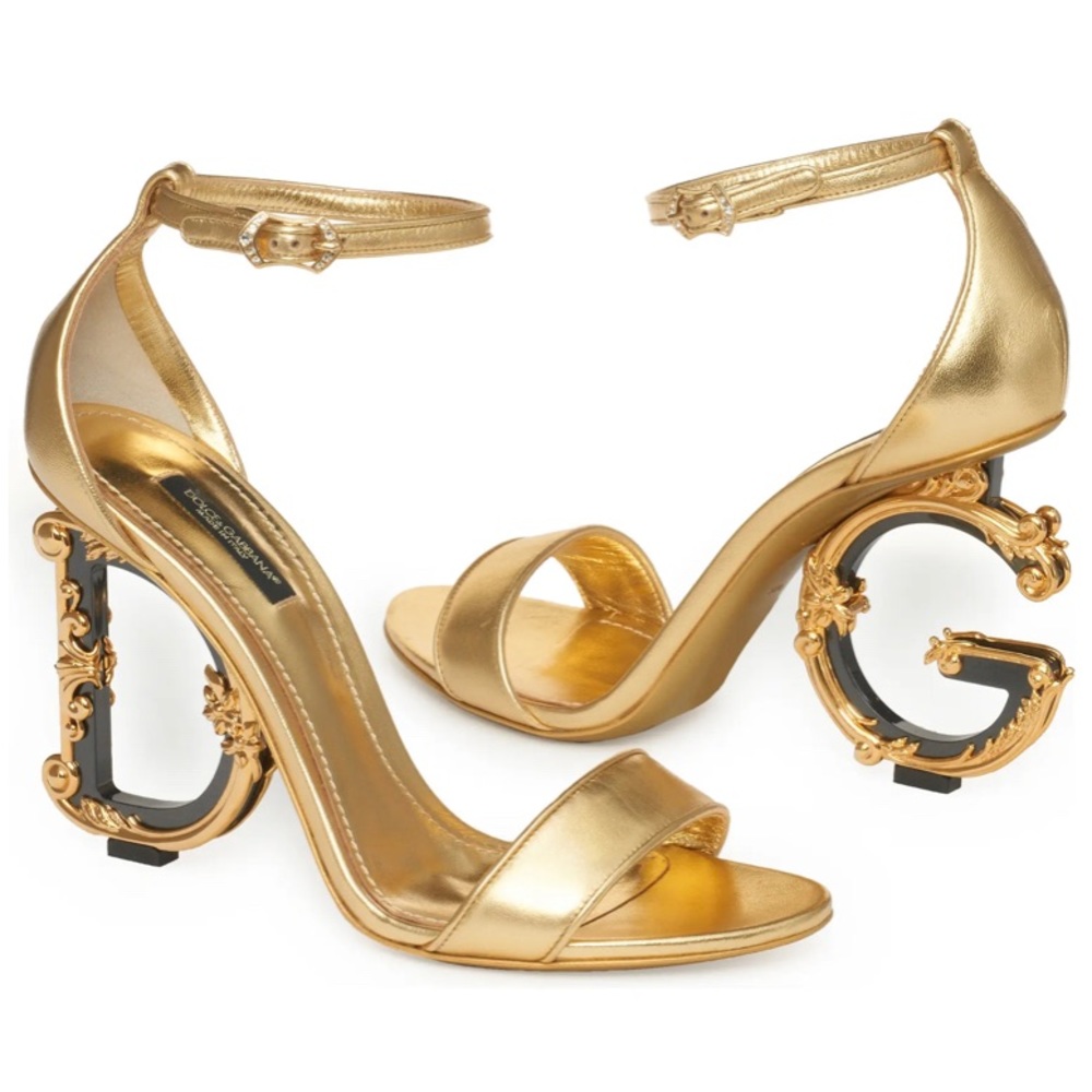 Dolce & Gabbana Gold Metallic Ankle-Strap Sandals with Decorative Logo Heel - Picture 7 of 11